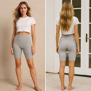 LUNYA Cozy Cotton Silk Ribbed Bike Short Medium Grey Heather Pocket Medium NEW